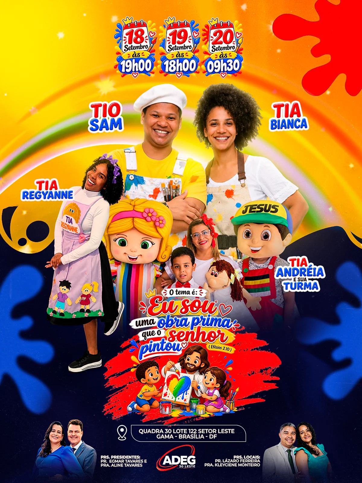 Arte de John Wellington: Eu sou uma obra-prima. Cartaz infantil colorido com personagens, arco-íris e o tema Eu sou uma obra-prima que o Senhor pintou.
