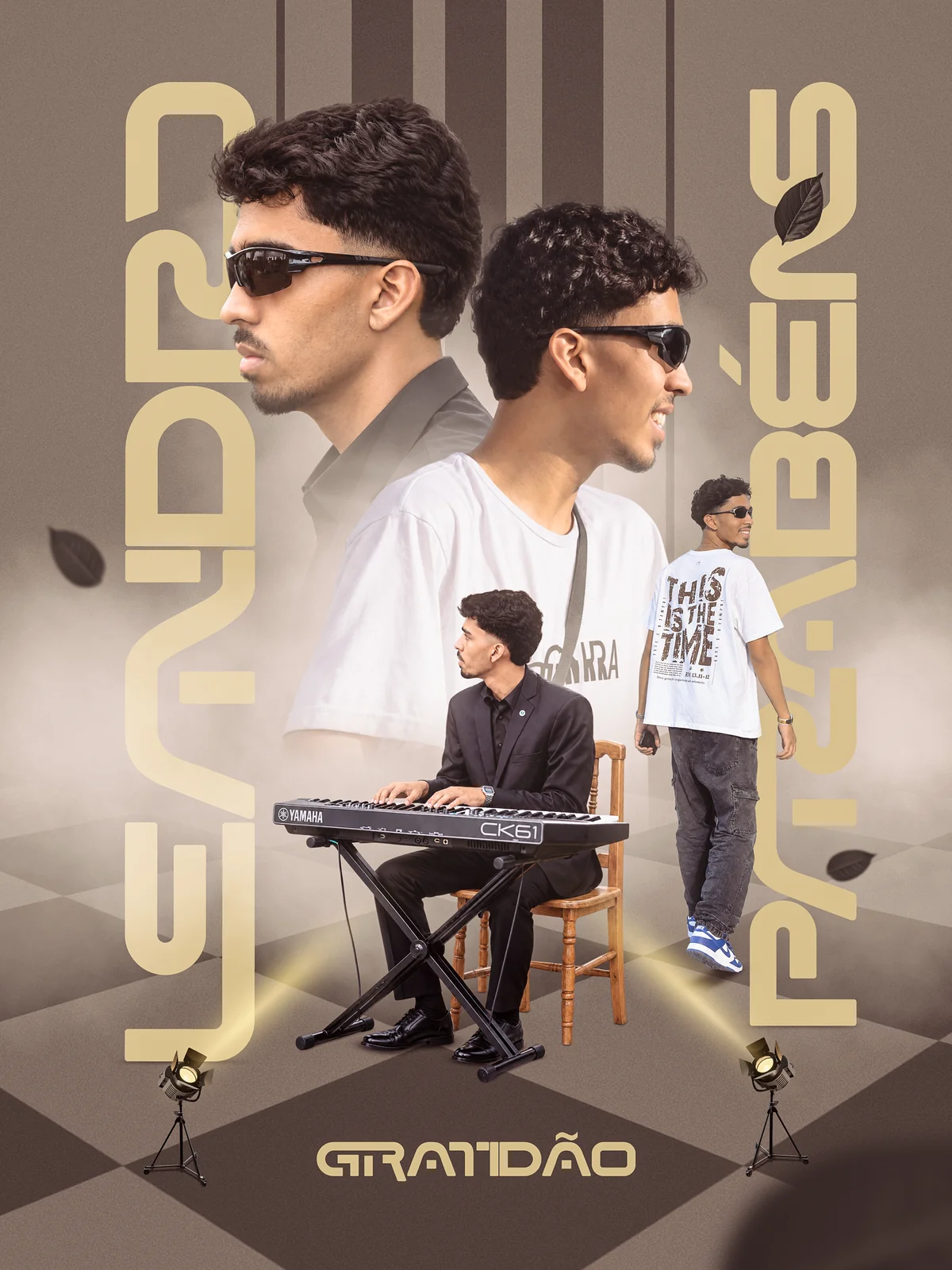 Arte de John Wellington: Parabéns. Leandro. Composição de aniversário com retratos, teclado e o nome Leandro em tons neutros.
